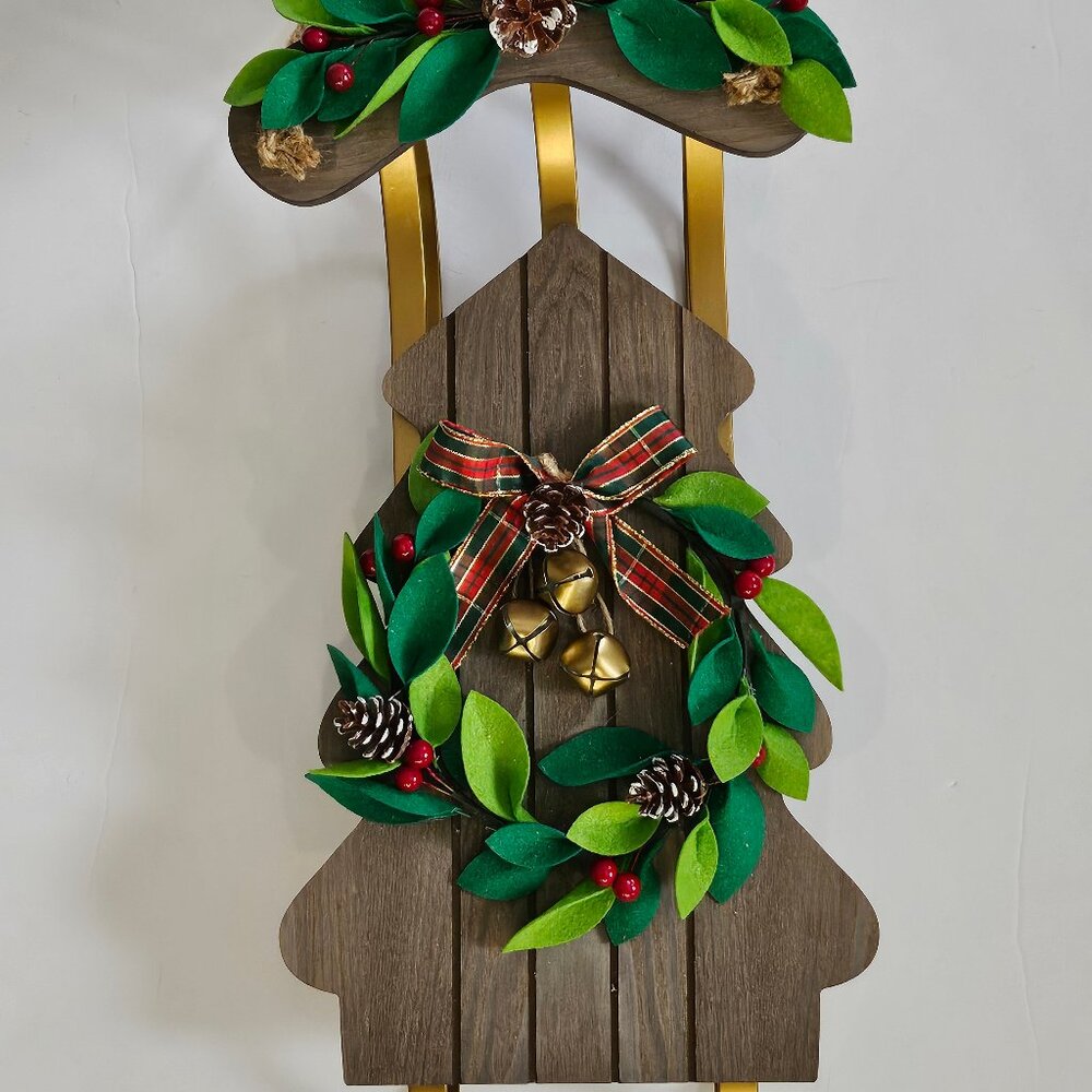 Trees Shaped Wood Christmas Sled With Holly And Berry Wreath And Bells